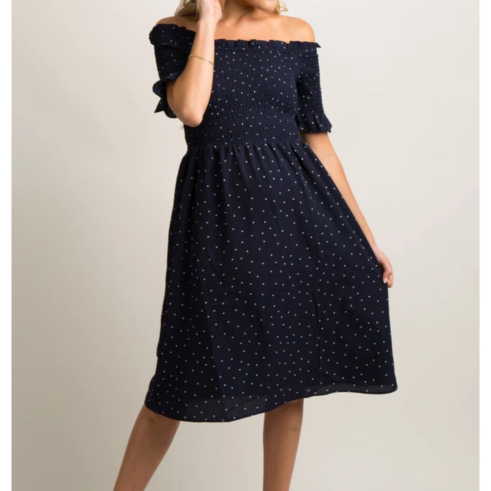 Pinkblush - Navy Polka Dot Smocked Maternity Dress